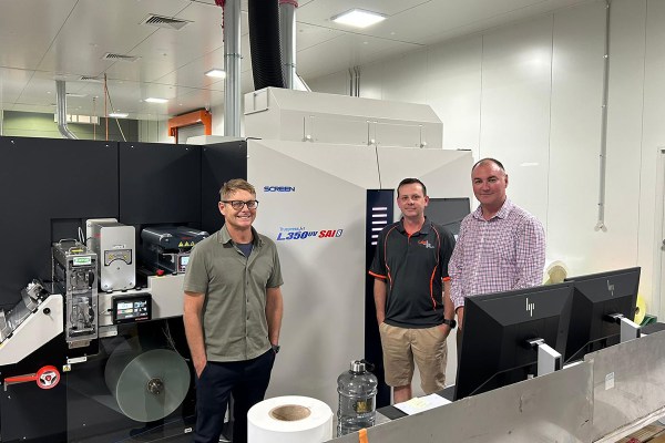 L-R: Label Plus general manager James Atkinson, Label Plus production manager Chris Lee and Jet Technologies sales director David Reece in the front of the newly installed Screen L350UV SAI press