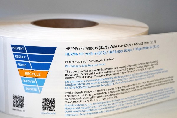 Herma has introduced an entry-level rPE white rv PE film consisting of 50 per cent post-consumer recycled material at almost the same price point as a conventional film to enable a significant increase in sustainability, even for price-sensitive projects